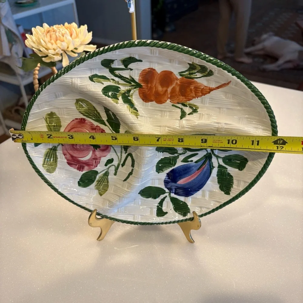 Hand-Painted Italy Floral Ceramic Divided Basket Weave Pattern Platter